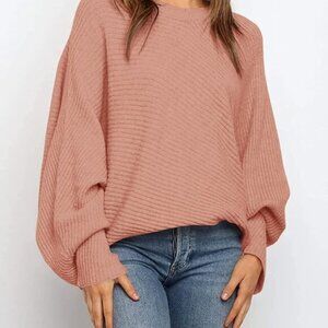 Women's Oversized Crewneck Sweater Batwing Puff Long Sleeve Slouchy Tops